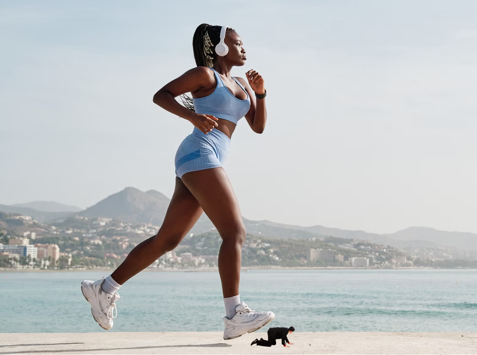 Giantess woman running, unaware of tiny man